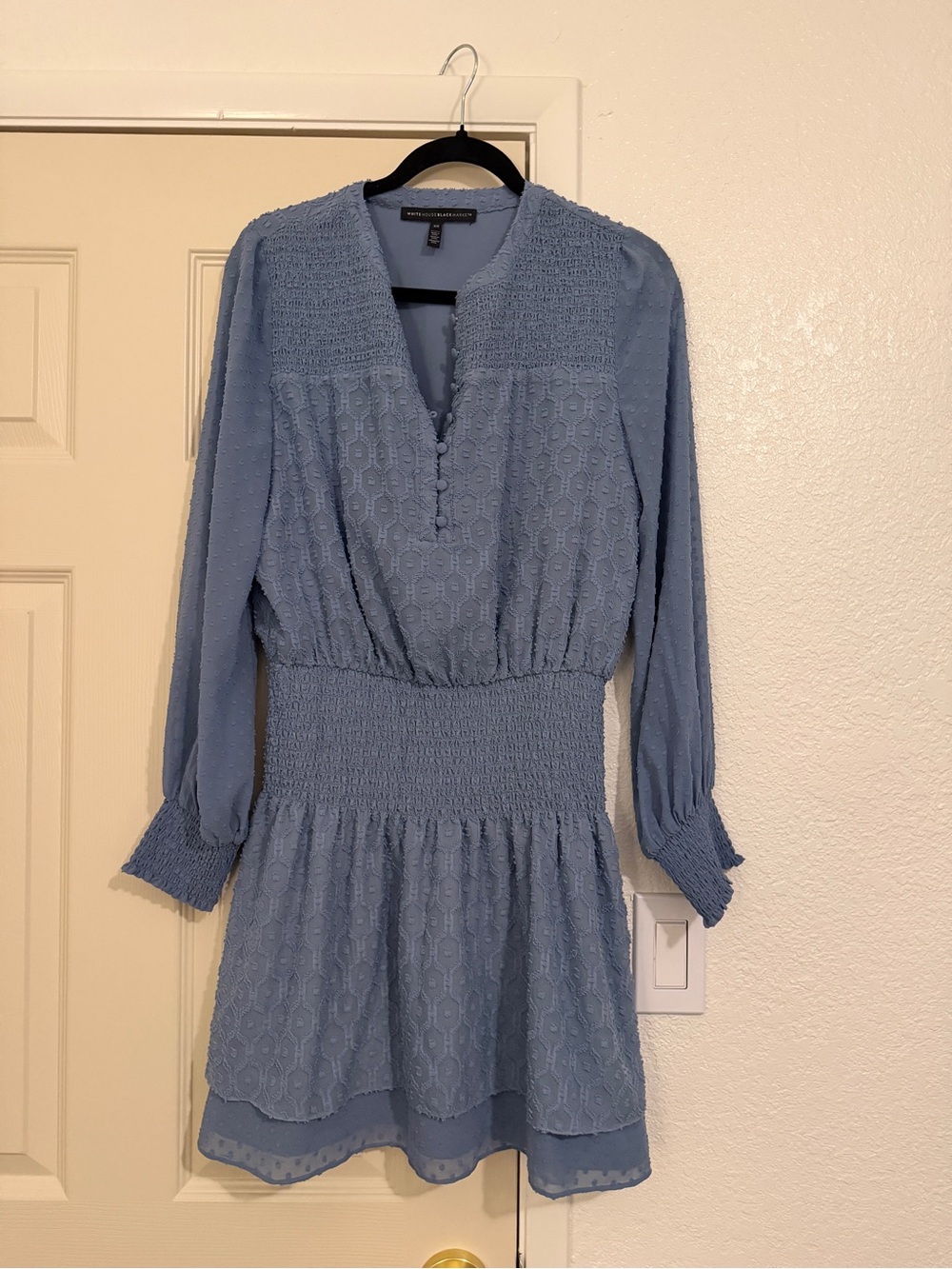 White House Black Market Powder Blue Long-Sleeve Smocked Waist Dress